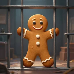 a ginger bread man stands in a jail cell holding the bars, 8 k, highly detailed soft lighting, digital painting, cinematic, artstation