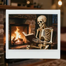 concept art skeleton reading the book near fireplace, polaroid, bokeh, 4 k