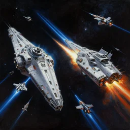A highly detailed Sci-Fi concept art matte oil painting set in space  by Greg Rutkowski and Thomas Kinkade of an epic Space battle , Two massive capital ships firing at it each other ,while small fighter ships fly in formation ready to attack , deep space , dark  and stars in the background , Blue lazers, perspective , action shot . star wars  , trending on Artstation ,HD 4K