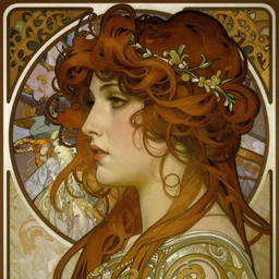 realistic detailed face profile portrait of Mia Kirschner by Alphonse Mucha, Ayami Kojima, Amano, Charlie Bowater, Karol Bak, Greg Hildebrandt, Jean Delville, and Mark Brooks, Art Nouveau, Neo-Gothic, gothic, portrait of Mia Kischner, rich deep moody colors