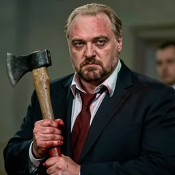Alexander Lukashenko as the American Psycho, staring psychopathically, sweating hard, holding an axe, covered in blood, cinematic still