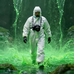a man in a hazmat suit is walking through a green ectoplasmic slush, hasselblad DSLR, 1600 ISO, 10mm lens, film grain, hypperrealistic, photorealistic, gigapixel maximum upscale, megascans, 8k, cinema4D, octane render, epic composition