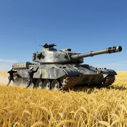 a very high resolution image from nier : automata, featuring 9 s android fighting an armored vehicle resembling main battle tank in yellow rye field under pure blue skies