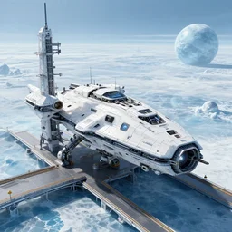 robotic cybernetic space ship on launchpad on cybernetic ice planet. digital render. space sky. biotic ice. james gilleard. futuristic. detailed. mike winkelmann. beeple. robot. artstation.
