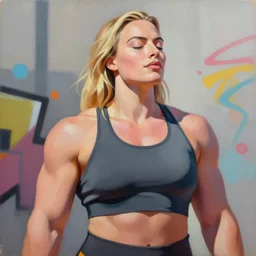 greg manchess portrait painting of margot robbie with closed eyes as beautiful thick female bodybuilder zarya from overwatch, medium shot, asymmetrical, profile picture, organic painting, sunny day, matte painting, bold shapes, hard edges, street art, trending on artstation, by huang guangjian and gil elvgren and sachin teng