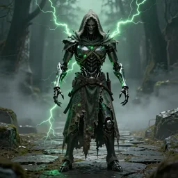 character design, biomechanical arcanist on stone pathway, tattered robe and hood, green lightning, fog, scary, arrogant, hostile, photorealistic, cinematic, hyper realistic, octane render, 8 k, full shot