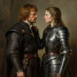 attractive fully clothed jaime lannister confesses his love for attractive fully clothed armored brienne of tarth. highly detailed painting by gaston bussiere and j. c. leyendecker 8 k