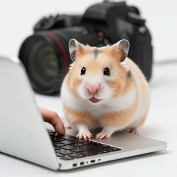 hamster typing on a mini laptop, smiling, macro, dslr,