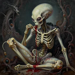a hiper intricate oil portrait of an alien skeleton godess eating blood, excelent composition, wide shot, by zdzislaw beksinski, intricate, horror atmosphere, unreal engine 5 highly rendered, global illumination