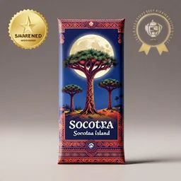 conceptual designer chocolate bar packaging, inspired by moonlit socotra island with dragon trees, midsommar color theme, kerala motifs, label design, behance, pinterest, packaging of the world, award, front label, packaging design, octane render