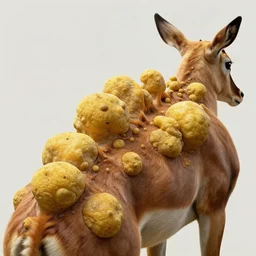 An antelope with many large yellowish leathery, rounded convex tumors, sacs, and humps of various sizes growing on its spine. Concept art, extremely high detail, details, fantasy art, cinematic, art by Greg Broadmore, Boris Vallejo