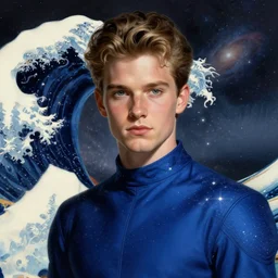 Sam Hyde in royal blue celestial suit, sigma male, accurately portrayed, portrait art by Hokusai, highly detailed, digital painting, concept art, illustration, interstellar galactic spacecraft backdrop, very detailed, smooth, sharp focus, close up
