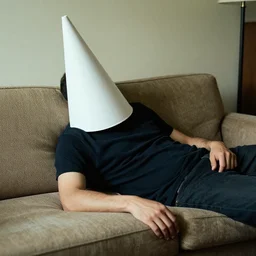 drunk man slouched on the couch wearing a cone on his head