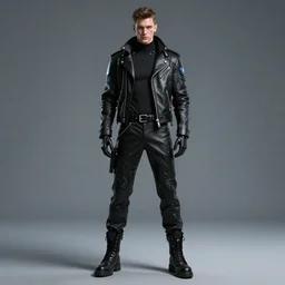 Cyberpunk handsome male android with discreet facial implants. Black leather jacket, pants and boots with LED lights. Full body view. Trending on ArtStation