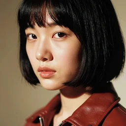 ektachrome, technicolor, 3 5 mm, highly detailed : incredibly realistic, youthful asian demure, perfect features, feminine cut, beautiful three point perspective extreme closeup 3 / 4 portrait photo in style of chiaroscuro style 1 9 7 0 s frontiers in leather flight suit cosplay vogue fashion edition,