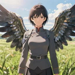 girl with uniform and metal wings, serious, finely detailed, made by wlop, artgerm, ross tran, gediminas pranckevicius, full body portrait, illustration, grass, sunny, sky, anime, front view, perfect anime face, detailed face, zoomed out, smooth,