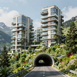 denis villeneuve establishing shot of modern bjarke ingels condo building and gotthard tunnel entrance combined, roads tunnel under bjarke ingels condo building, maximalism art, lush environment, scifi artstation digital concept art, unreal engine, hyper realism, realistic shading, octane render, wide shot