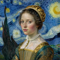 portrait of young woman in renaissance dress and renaissance headdress, art by vincent van gogh