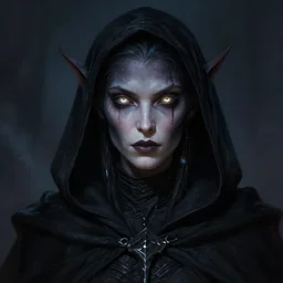 Portrait of an aasimar in a black cloak with glowing eyes, detailed face, fantasy, highly detailed, cinematic lighting, digital art painting by greg rutkowski