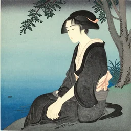 hiroshi yoshida woodblock print. beautiful woman sitting near pond.
