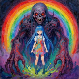 Colorful, creepy painting of a horrible terrifying eldritch monstrosity disguised as a young anime girl located within the rainbow color palette by Craig Mullins