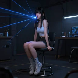 a beautiful girl sitting on a stool in a dark room with laser light,  cyberpunk, dynamic lighting, high detail, concept art, artstation, zbrush by Boris Vallejo