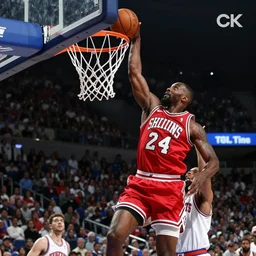 “A cat dunking a basketball into the hoop over top of Shaquille O’Neil, 8K”
