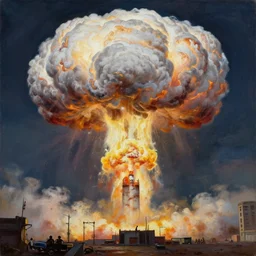 Mushroom cloud of an atom bomb explosion in Mumbai, by Carl Gustav Carus, by Wadim Kashin, by Paul Lehr, oil on canvas, masterpiece, trending on ArtStation, detailed, sharp, artgem, 8K