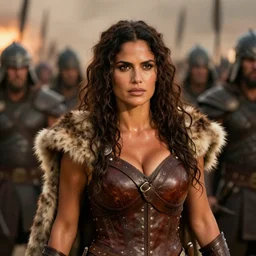 epic photo of muscular salma hayek as beautiful barbarian warrior princess wearing leather armor and fur cloak in a battle scene with hundreds of warriors behind her, sweaty, detailed eyes, neutral expression, depth of field, photorealistic, cinematic lighting, lovely bokeh, warm colours, dusk, movie quality, conan the destroyer 1 9 8 5, movie still, cinemascope