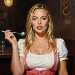 ultra realistic portrait painting of margot robbie as a waitress, art by frank frazetta, 4 k, ultra realistic, highly detailed, epic lighting.