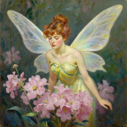 a realistic oil painting of a flower fairy resembling winnie harlow, by mucha, by waterhouse