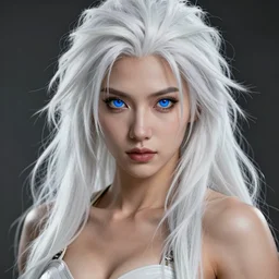 close - up headshot portrait of a gorgeous semi realistic anime barbarian woman, white long messy hair and blue eyes, highly detailed, muscular, very beautiful face, digital art, pixiv fanbox, trending on artstation, ray tracing, volumetric lighting, sharp focus, unreal engine 5, octane render, by greg rutkowski, wlop, miyazaki hayao