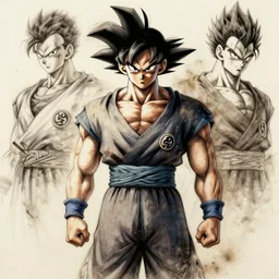 a sketch of goku, wearing a more traditional japanese robe, by melmoth zdzislaw belsinki craig mullins yoji shinkawa, ultra instinct, very realistic render, anime, paint smears digital art, realistic anime, dramatic lighting, dust in the air, d & d design