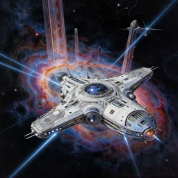 spaceship orbiting a bizarre alien planet, sublime but intricate design, laser beams shooting by, pillars of creation nebula in background, starfield in background, style of Kelly Freas