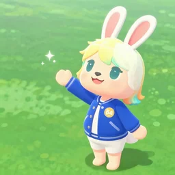 beautiful anime art by Makoto Shinkai, Rating:g, Tags: jirafuru animal_crossing sasha_(animal_crossing) highres, animal_ears aqua_hair blonde_hair blue_eyes blue_jacket blush character_name cowboy_shot green_background hand_up jacket letterboxed letterman_jacket long_sleeves looking_at_viewer male_focus multicolored_hair, personification rabbit_boy rabbit_ears rabbit_tail short_shorts shorts, smile, sparkle star_(symbol), tail, two-tone_hair waving white_background white_shorts