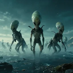 aliens arriving earth, film still from the movie directed by Denis Villeneuve with art direction, wide angle, 4K