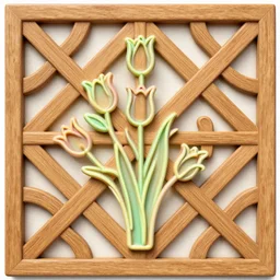 a neon tulips vines on wooden lattice design as a fancy square tile