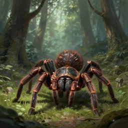 digital painting illustration of tarantula - ogre fantasy beast, standing in the middle of the forest, taller than the trees, high details, great concept art, in bayard wu style