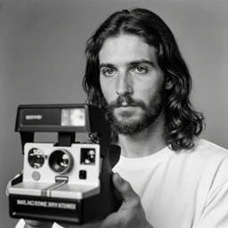 A photograph portrait of Jesus Christ, taken in the early 1970s, grainy, taken on a 1970s Polaroid Camera, realistic, hyperrealistic, very realistic, highly detailed, very detailed, extremely detailed, detailed, digital art, trending on artstation, B&W
