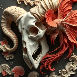 3 d classical japanese art close - up swirly human skull, skeleton ram skull portrait, giant gladiola betta fish, jellyfish phoenix fire energy flow, highly detailed. by wlop, hanna jaeun, jana heidersdorf, natalia evelyn bencicova