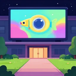 entrance to a building with a path on the lawn, a giant screen, at night, vibrant colors, fish lens, 2d, flat style, vector
