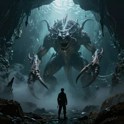 the kraken fighting cthulhu in a dim water cave, a lone sentry's silhouette in foreground, low hanging fog, by hp lovecraft, by greg rutkowski, by andree wallin, by zdzislaw beksinski, thalassophobia, very detailed, octane render, cinematic lighting, volumetric lighting, 8 5 mm