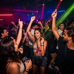 night club full of people dancing and drinking among bright colorful lights