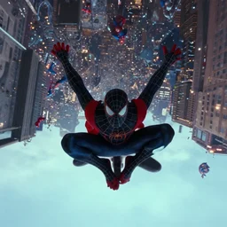 spider - man falling through different universes, by weta digital, by weta fx, by wlop, cinematic, dramatic, intentional camera movement, ektachrome, perspective, colorful, tones of black, light blue foreground, post - production, vfx, insanely detailed and intricate