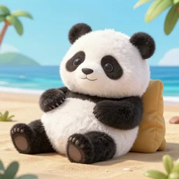 3 d render of a fluffy panda sunbathing on a beach,