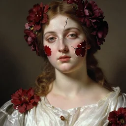 hyperrealism close - up mythological portrait of an exquisite medieval woman's shattered face partially made of maroon flowers in style of classicism, wearing white silk dress, red palette