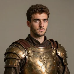 portrait of a young, serious, persian prince with brown hair and shaved face wearing bronze scale armour. by leonid afremov