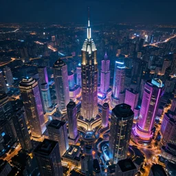 bird eye view colorful photograph of a futuristic city, science fiction, night lights, beautifully lit buildings, drone view, mystic hues, distant, sharp focus, volumetric lights, digital art, RTX, hyperrealistic, cinematic, by lee madgwick