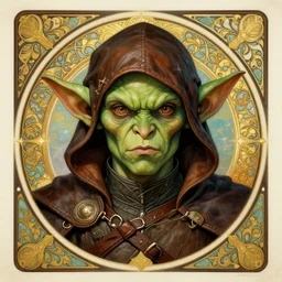 head-on symmetrical centered painted portrait, D&D goblin rogue, green skin, leather armour, art nouveau, tarot card style, fantasy, intricate, elegant, highly detailed, smooth, sharp focus, illustration, artstation, in the style of Artgerm and Alex Ross and Mucha