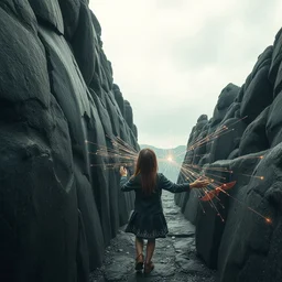 a girl uses magnetic vibration to transition between two worlds, photo realism, overcast day